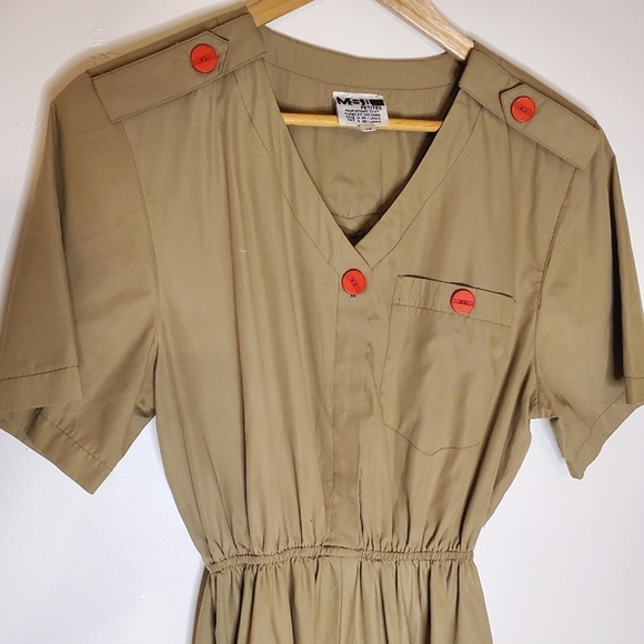 Revolution Muse Army-Influenced Dress with Pocket, Gathered Waist & Red Buttons - Picture 4 of 16